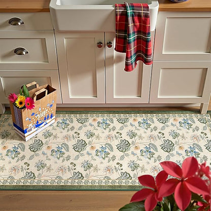 jinchan Elora 2x5 Floral Runner Rug for Hallway Washable Kitchen Runner Vintage Romance Design Non Slip Thin Indoor Floor Cover Low-Profile Throw Carpet for Entryway Bedroom Porch, Green/Beige