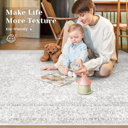 5x7 Area Rugs for Living Room: Washable Vintage Floral Rug Low Pile Non-Slip Boho Carpet for Nursery Bedroom Dining Room (Floral Grey, 5'x7')
