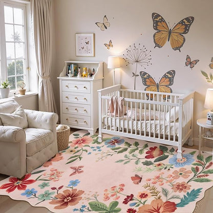 Lahome Floral Washable Rugs, 4X6 Pink Rugs for Bedroom Girls Ultra-Thin Soft Living Room Rug, Non-Slip Stain Resistant Boho Throw Carpet for ‎Nursery Office, Light Pink