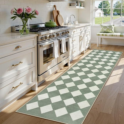 Lahome Checkered Washable 2x8 Green Runners for Hallways Non Slip, Ultra-Thin Kitchen Bathroom Runner Rugs, Moroccan Trellis Throw Carpet Runner for Bedroom Entryway Decor (2'x8',Green)