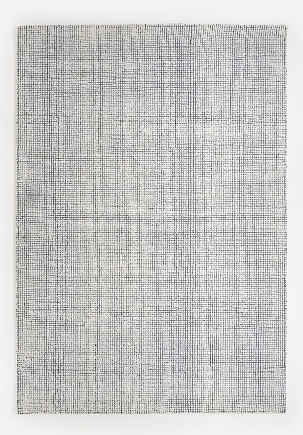 Hand-Tufted 100% Wool Pile Area Rug – Geometric Textured Grid Check Pattern – Thick and Durable Floor Carpet for Bedroom, Living Room, Kids Room, and Dining Area (Indigo Blue, 7' x 7')