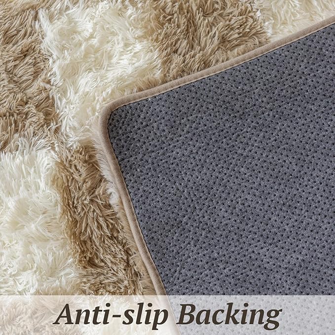 5x7 Area Rugs for Living Room Bedroom, Soft Fluffy Shaggy Bedside Rug, Indoor Floor Carpet for Kids Playroom, Dorms, Nursery Rooms, Home Decor (Camel & White 5'x7')