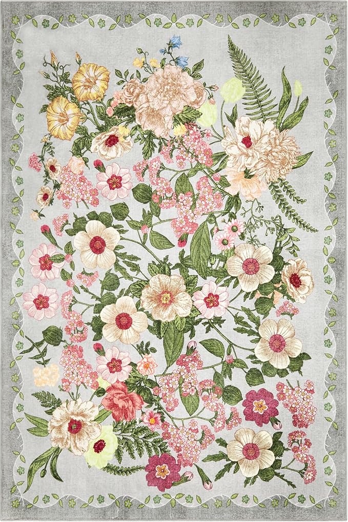 Floral Bedroom Rug - 4x6 Washable Area Rugs Non-Slip Soft Low-Pile Stain Resistant Carpet Flower Print Vintage Indoor Rug forLiving Room Dining Room Office Nursery Room, Grey