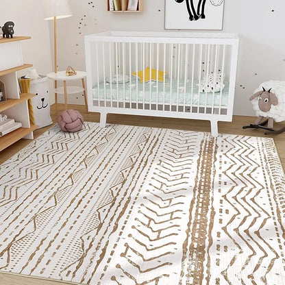 Nakagishi Area Rug Living Room Rugs: 5x7 Machine Washable Boho Large Neutral Farmhouse Stain Resistant Moroccan Indoor Carpet for Bedroom Nursery Dorm Classroom Playroom Dining Room House-Brown White