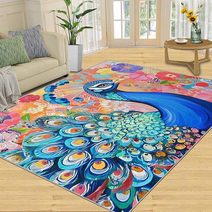 Peacock Area Rug 3x5-3x5 Rug, Boho Floral Rugs for Living Room, Colorful Carpet, Oil Painting Art Washable Area Rugs for Bedroom, Aesthetics Carpet - Peafowl Home Decor & Gifts