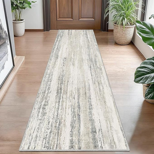 MUJOO Washable Runner Rug 2x8,Modern Abstract Area Rugs for Kitchen Hallways Bedroom Bedside Bathroom Laundry,Non Slip Throw Carpet Long Mat Indoor,Low Pile Accent Neutral Beige and Grey