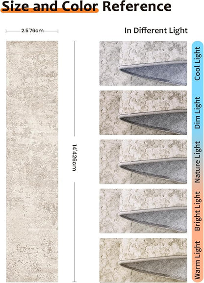 Art&Tuft Non-Slip Runner Rug - 2.5x14 Runner Rug Washable Low-Pile Rugs Runners, Soft Distressed Carpet Runner for Bedroom Bathroom Kitchen Laundry Living Room, Beige