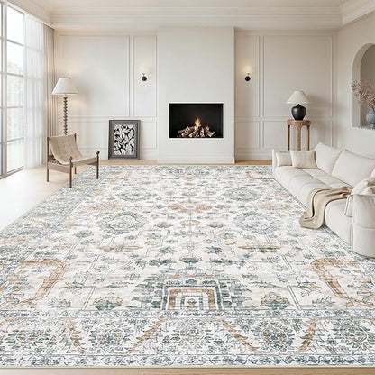 Area Rug 9x12 Living Room Rug, Machine Washable Vintage Distressed Boho Area Rug Non-Slip Soft Low Pile Large Indoor Rugs for Bedroom Kitchen Dining Room Office(Brown Green,9'x12')