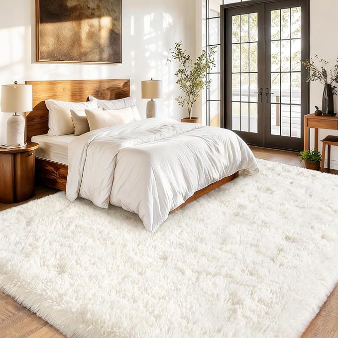 Cream White Plush Rug for Living Room Fuzzy Carpet for Bedroom Dorm, Non-Slip High Pile Rug, Shag Rug for Playroom Nursery Home Office Decor 4X6 Ft