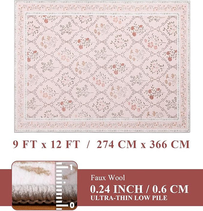 YIHOUSE Pink Floral Print Rugs, Moroccan Trellis 9x12 Washable Large Rug, Modern Pastel Non Slip Ultra-Thin Area Rug for Classroom, Nursery Playroom,Dorm,Bedroom,Living Room, Pink Multi