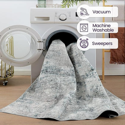 DEXI 4x6 Area Rug for Living Room, Modern Abstract Thin Washable Rug Indoor Floor, Non Slip Stain Resistant Low Pile Carpet for Dining Room Bedroom Office, Blue