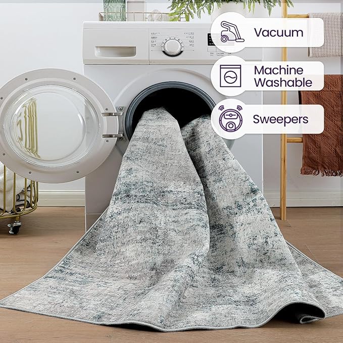 DEXI 5x8 Area Rug for Living Room, Modern Abstract Thin Washable Rug Indoor Floor, Non Slip Stain Resistant Low Pile Carpet for Dining Room Bedroom Office, Blue