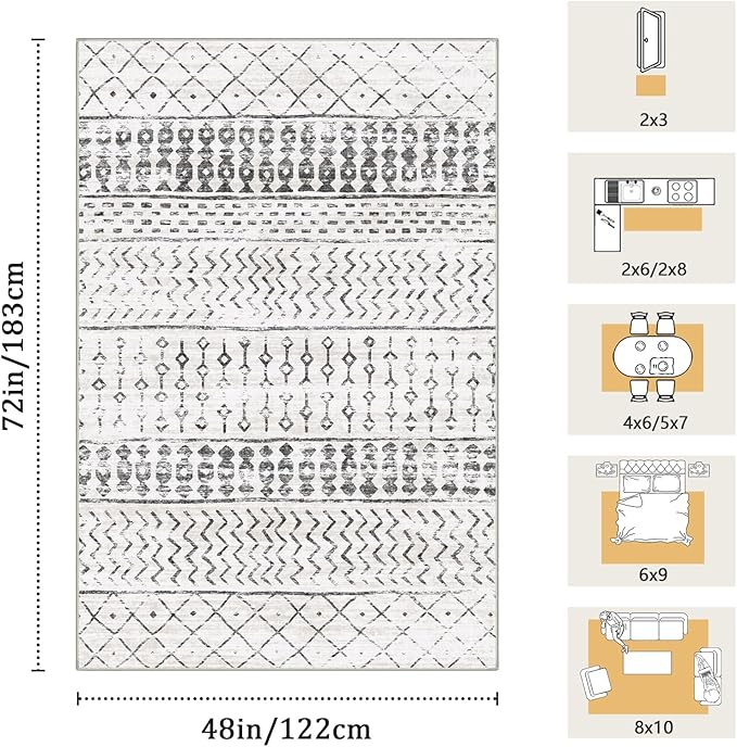 4x6 Machine Washable Area Rug for Living Room, Grey White Vintage Moroccan Rug Large Non-Slip Low Pile Soft Faux Wool Carpet, Kids and Pets Friendly for Bedroom Dining Room Farmhouse Home Decor Rug