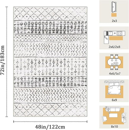 4x6 Machine Washable Area Rug for Living Room, Grey White Vintage Moroccan Rug Large Non-Slip Low Pile Soft Faux Wool Carpet, Kids and Pets Friendly for Bedroom Dining Room Farmhouse Home Decor Rug
