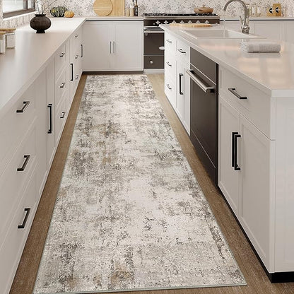 3x12 Washable Runner Rug Brown Grey Abstract Hallway Kitchen Throw Rug Neutral Modern Non Slip Soft Low Pile Carpet for Bathroom Laundry Bedroom Living Room