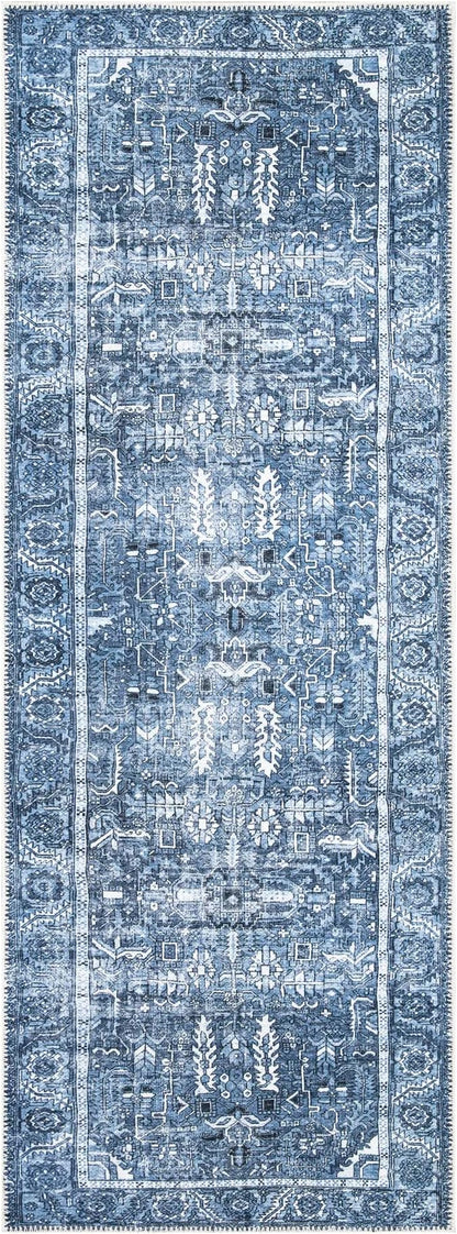 Bloom Rugs Washable Non-Slip 7 ft Runner - Blue Traditional Runner for Entryway, Hallway, Bathroom, and Kitchen - Exact Size: 2.5' x 7'