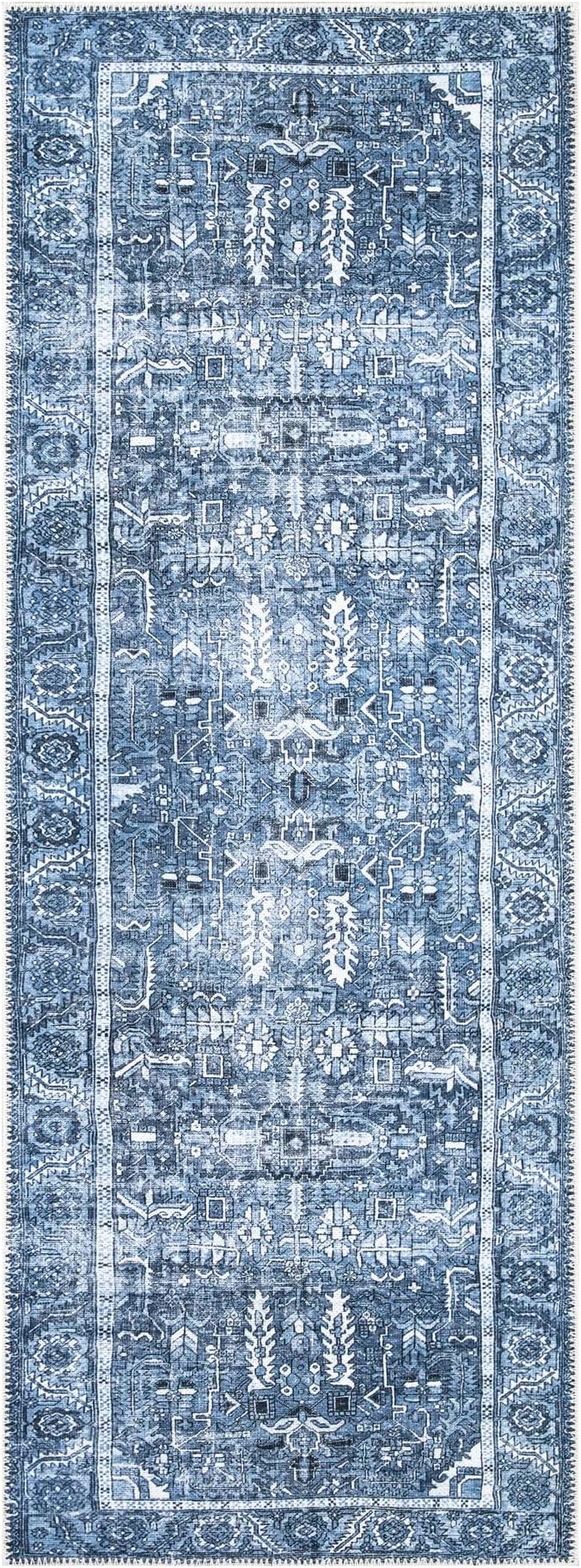 Bloom Rugs Washable Non-Slip 10 ft Runner - Blue Traditional Runner for Entryway, Hallway, Bathroom, and Kitchen - Exact Size: 2.5' x 10'