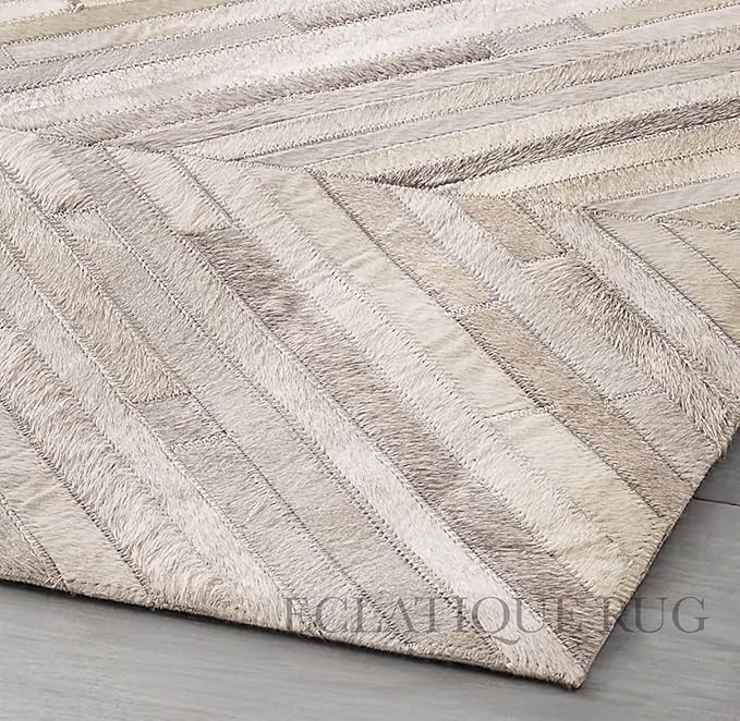Elegant Rectangular Rug Cowhide Leather Stylish Non Slip Chevron Patchwork Area Rug for Living Room and Home Décor Floor Carpet (Beige-2.5X 12 ft)