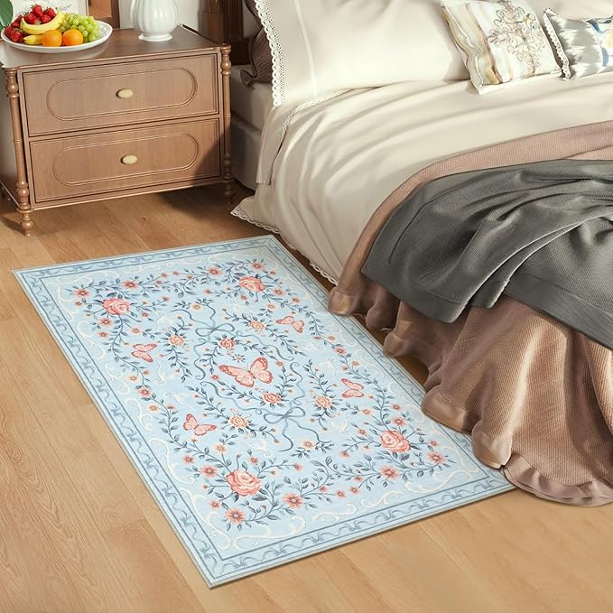 GarveeHome 2x3 Floral Area Rug Non Slip Entryway Mat Low Pile Stain Resistant Butterfly Kitchen Rugs Soft Small Throw Carpet for Dining Room Bedroom Washable Bow Rugs for Living Room Bathroom, 2x3