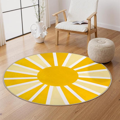 Lahome Yellow Rainbow Sun Round Rug: 3ft Washable & Non-Slip Low Pile with Cute Boho Print for Nursery, Bathroom, Bedroom, Kids Room & Dorm