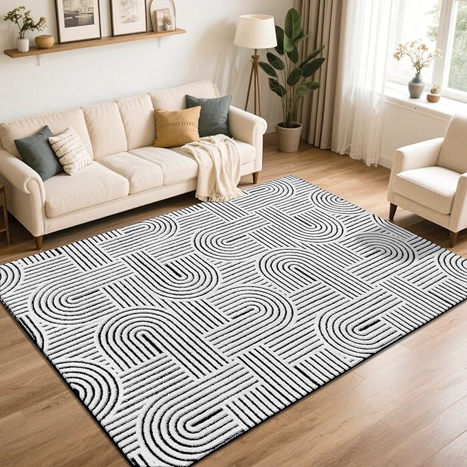 SHACOS Soft Cozy Fluffy Arch Pattern High Low Pile Area Rugs 6'x9' Large Non Slip Washable Modern Geometric Rug Scandinavian Minimalist Carpet for Living Room Bedroom Dining Room, Black White