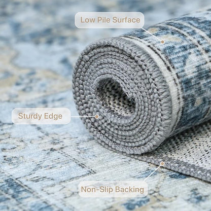 GENIMO Runner Rug 2'6"x6, Non Slip Vintage Hallway Runner Rugs, Low Pile Lightweight Machine Washable Mat for Hallway, Entryway, Bedroom, Kitchen and Corridor, Blue