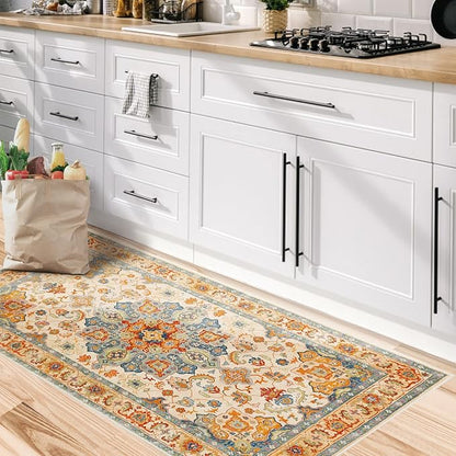 COMSLE Boho Distressed Area Rug 2' x 4', Machine Washable Faux Wool Non-Slip Small Rug for Entryway, Bedroom, Kitchen - Indoor Floor Carpet