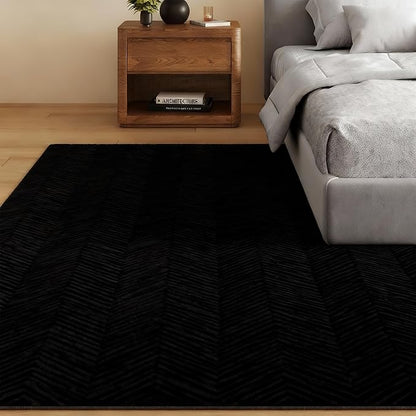 Area Rug for Living Room - 5x7 Soft Faux Rabbit Fur Modern Geometric Wave Carpet for Bedroom, Black