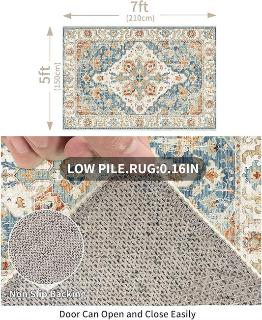 Enkor Area Soft Rugs 5x7 Washable Non Slip Boho Floor Rugs for Living Room Bedroom, Vintage Style Farmhouse Mat for Kitchen Entryway Orange & Blue