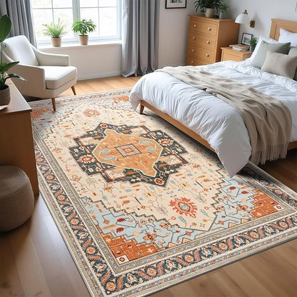6x9 Orange Beige Area Rug for Living Room, Machine Washable Rugs with Non-Slip Backing for Bedroom, Vintage Medallion Carpet Dining Room Office Kids Room Decor