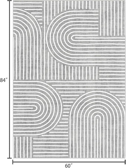 Washable Area Rug 5x7 - Boho Living Room Rug Soft Bedroom Rug Ultra-Thin Grey Modern Abstract Rainbow Dining Room Rugs Indoor Carpet for Living Room Nursery Room