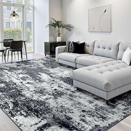 Washable Area Rugs 6'x8' Non-Slip Modern Abstract Soft for Living Room Entryway Bedroom Nursery, Print Pattern, Black Gray