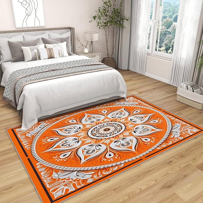 Mandala Rugs 5x7 -Orange Mandala Rug, 5x8 ft, Vintage Meditation Area Rug, Hippie Spiritual Washable Non-Slip Stain Resistant, Boho Vintage Floral Home Decor & Gifts