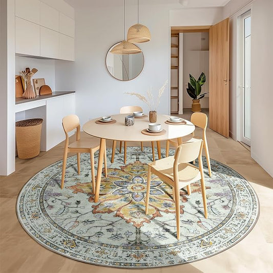 Area Rugs 8ft Washable Non-Slip, Floral Vintage Distress Print Pattern Medallion Carpet for Living Room Bedroom Dining Room, Light Yellow Carbon Grey Orange