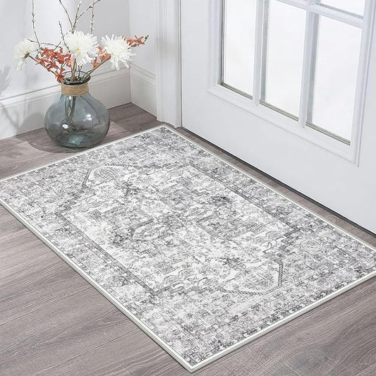 KOZYFLY Small Area Rug 2x3 Ft Rugs for Entryway Washable Boho Entry Rug Non Slip Door Mat Indoor Entrance Faux Wool Vintage Printed Kitchen Rug Throw Rugs for Entrance Kitchen, Gray