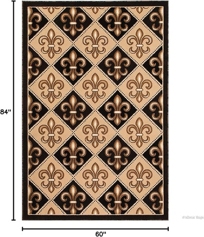 Allstar 5x7 Black Modern Rectangular Accent Rug with Ivory and Mocha Floral Fleur De Lis Diamond Design (5' x 7')