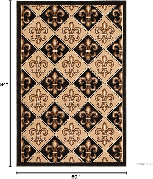 Allstar 5x7 Black Modern Rectangular Accent Rug with Ivory and Mocha Floral Fleur De Lis Diamond Design (5' x 7')