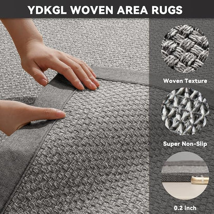 Washable Area Rug 5x7 Large Jute Like Rug for Living Room, Soft Non Slip Rugs Carpet for Dining Room Bedroom Cotton Boho Woven Braided Rugs Home Office Decor, Grey