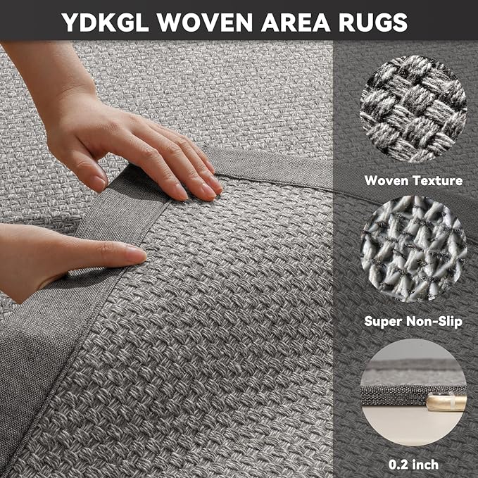 Washable Area Rug 6x9 Large Jute Like Rug for Living Room, Soft Non Slip Rugs Carpet for Dining Room Bedroom Cotton Boho Woven Braided Rugs Home Office Decor, Grey