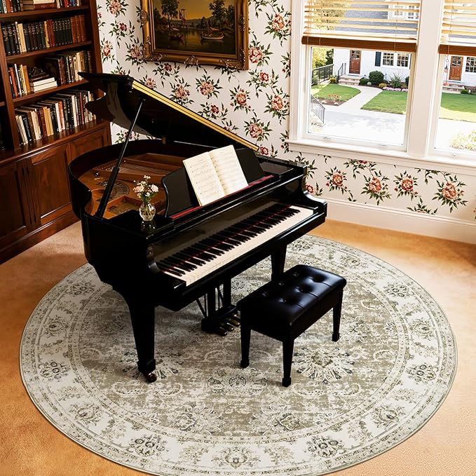 jinchan Fiora Round Rug 8ft Area Rugs - Vintage Floral Distressed Design Machine Washable Non-Slip Low-Pile Ultra-Thin Circle Rug for Living Room Dining Room Bedroom Farmhouse (8' Round, Taupe)
