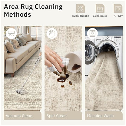 10x14 Area Rugs for Living Room, Non Slip Machine Washable Vintage Rugs, Low Pile Lightweight Large Rug for Bedroom, Dining Room, Home Office Beige