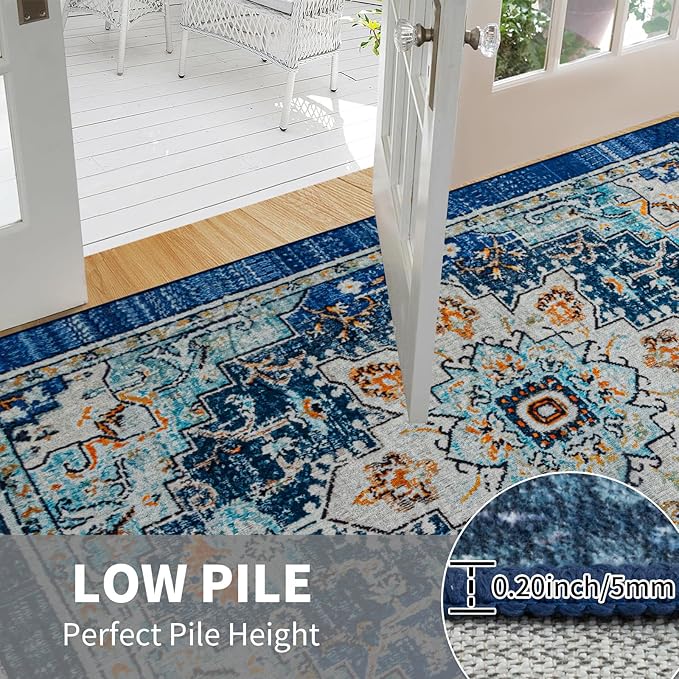 Easy-Going Area Rug 5x7 Washable Boho Rugs for Living Room Non-Slip Bedroom Rug Low Pile Lightweight Tangerine Vintage Throw Rug for Dining Room Kitchen Home Office Carpet, Floral Aqua Yellow