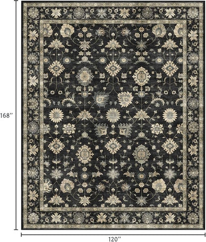 Area Rugs 10x14 Living Room - Large Washable Charcoal Black Boho Rugs for Bedroom Soft Vintage Farmhouse Rug Ultra-Thin Traditional Floral Carpet Moody Rug for Dining Room Guest Room Home Decor
