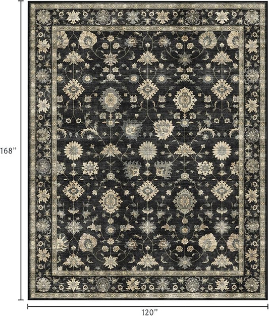 Area Rugs 10x14 Living Room - Large Washable Charcoal Black Boho Rugs for Bedroom Soft Vintage Farmhouse Rug Ultra-Thin Traditional Floral Carpet Moody Rug for Dining Room Guest Room Home Decor