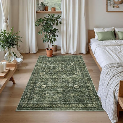 Morebes Washable Green Area Rugs 4x6, Vintage Boho Rugs for Bedroom, Soft Distressed Indoor Floor Non-Slip Non-Shedding Living Room Throw Carpet for Kitchen Dining Playroom Entryway Christmas Decor