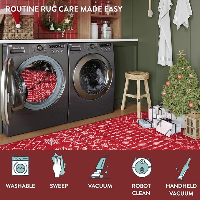 Lahome Christmas Rug 3x5 Red Washable Non Slip Small Area Rug Soft Low Pile Office Carpet Moroccan Snowflake Throw Rug for Living Dining Room Bedroom Xmas Holiday Decor Bedroom Rugs,