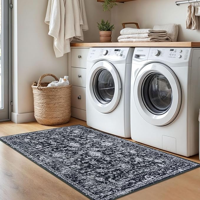 KILOCOCO Area Rug 3x5 Entryway Rug Washable Printed Vintage Floral Rubber Backed Non Slip Indoor Kitchen Rugs for Living Room Laundry Room Playroom Mudroom Moroccan Area Rugs, Black/Navy/White