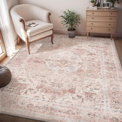 AMOAMI-4X6 Area Rugs for Living Room -Soft Vintage Bedroom Rugs-Non Slip Washable Rug-Throw for Living Room Bedroom Bedside Dining Room Offic - Pink