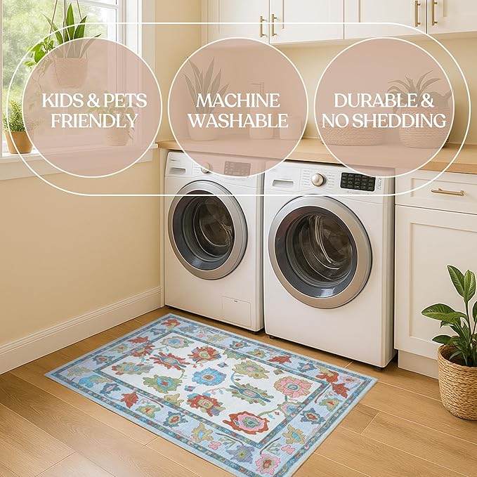 Fame Living Colorful Oushak Rug, Modern, Vintage, Turkish, Eclectic, Floral, Pastel, Washable, Area Rugs for Living Room, Dining, Bedroom, Office, Entryway, Foyer, Playroom, Nursery, 5'x6'9"