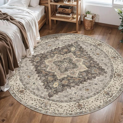 Tangsoo Vintage Round Rug 4ft Washable Circle Rug, Non Slip Small Boho Round Rug, Low Pile Circular Rugs, Round Carpet for Bedroom,Entryway,Nursery,Dorm,Kitchen,Grey/Multi